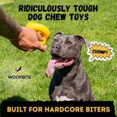 WoofBite Indestructible Dog Ball side chew angle showing rugged surface for durability.