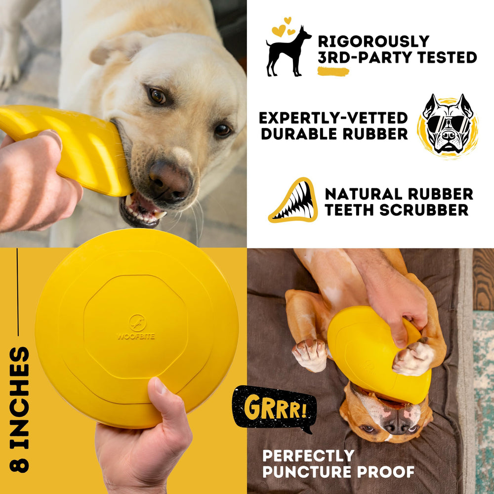 WoofBite Disc safety-tested natural rubber for peace of mind during play.