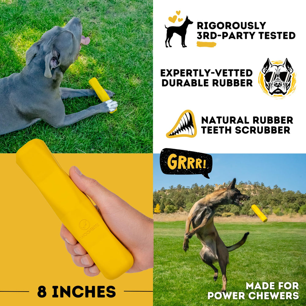 WoofBite indestructible stick dog toy rubber texture enhances grip