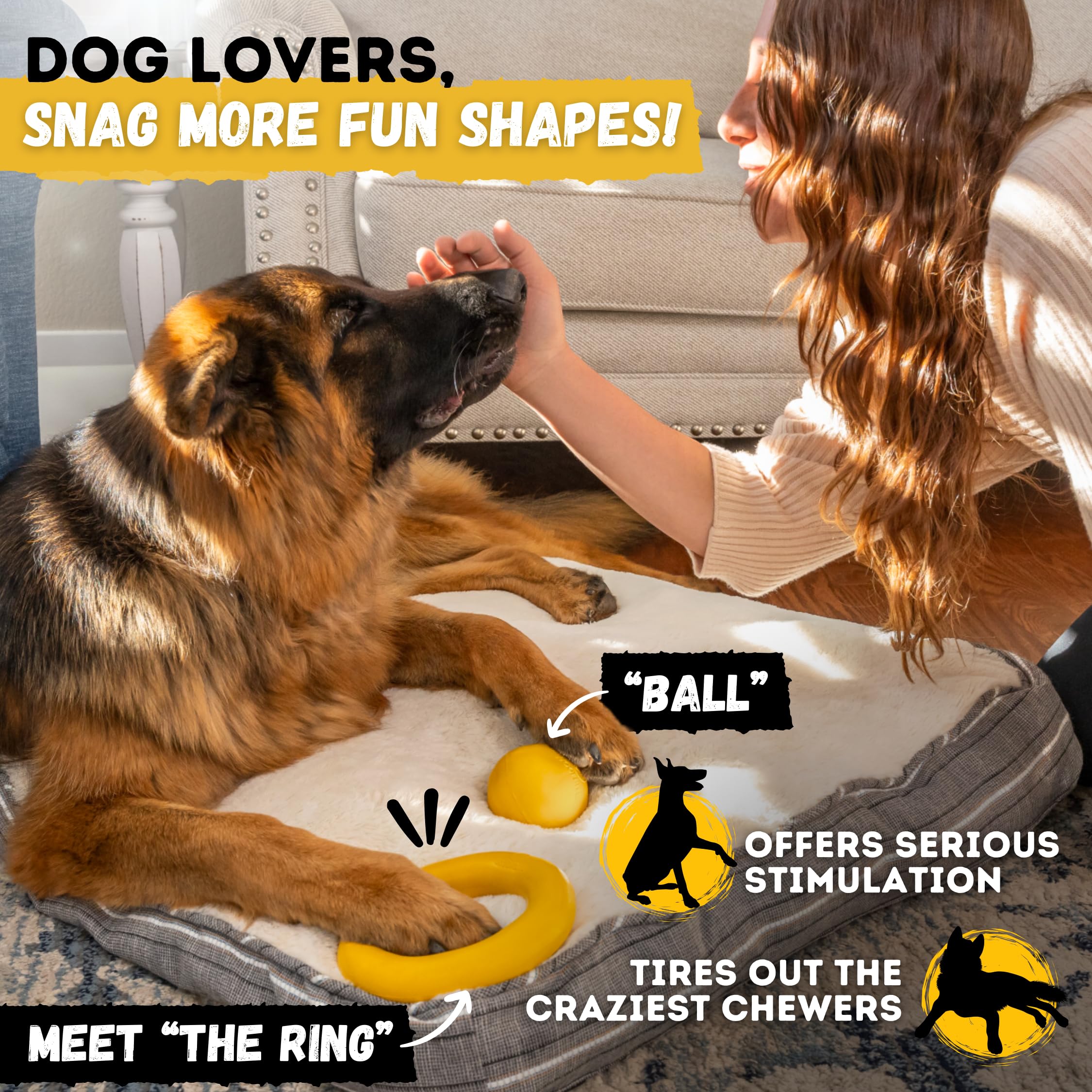 WoofBite Lifetime replacement claim illustration on a durable chew toy.