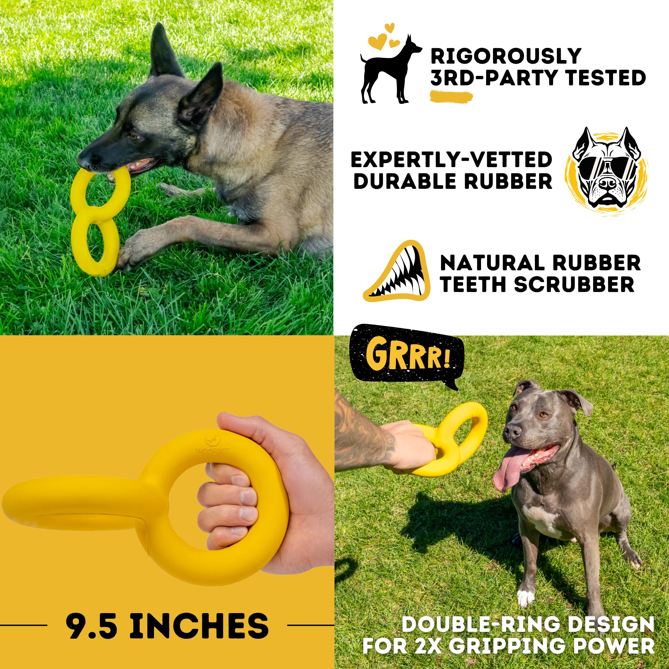 WoofBite Tug Rings used during fetch and play sessions.