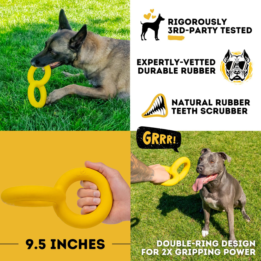 WoofBite Tug Rings used during fetch and play sessions.