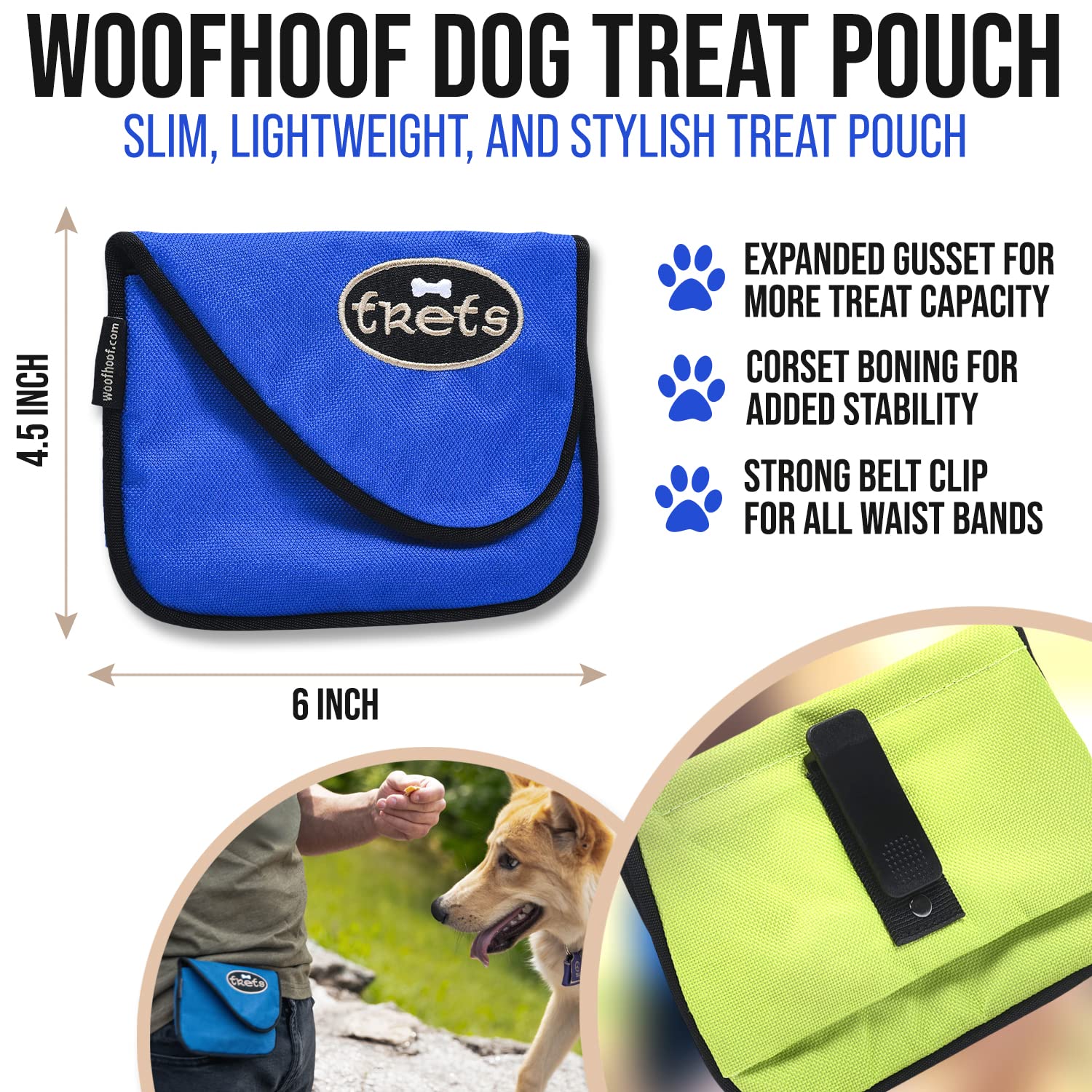 Woofhoof blue treat pouch with magnetic flap enables one-handed, no-spill reward access.