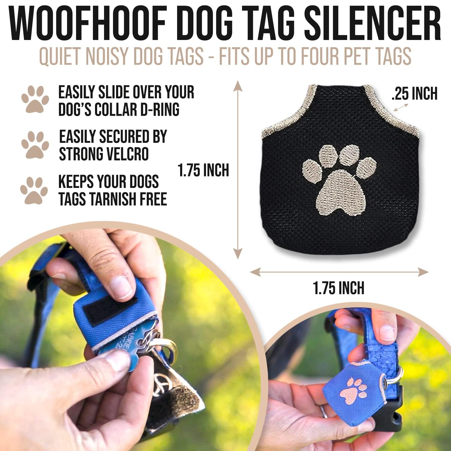 Woofhoof dog tag silencer fits four tags, keeping IDs neat and protected.
