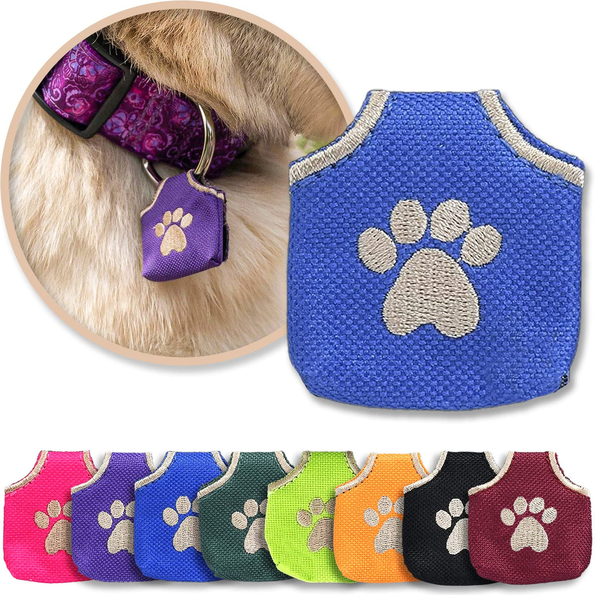 Woofhoof Dog Tag Silencer nylon shell close-up shows durable protection and reduced tag noise