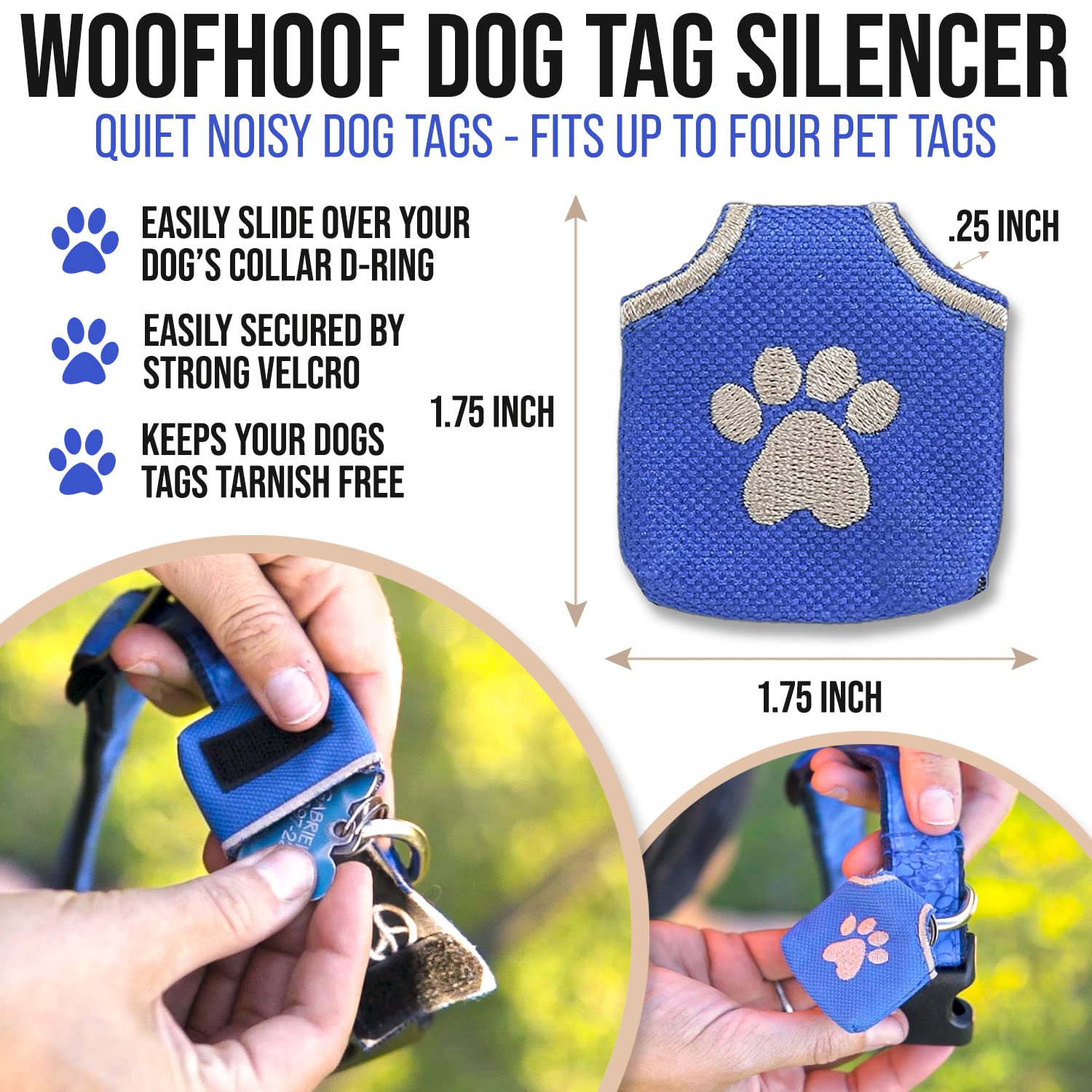 Woofhoof Dog Tag Silencer velcro-attachment demonstrates quick secure collar compatibility