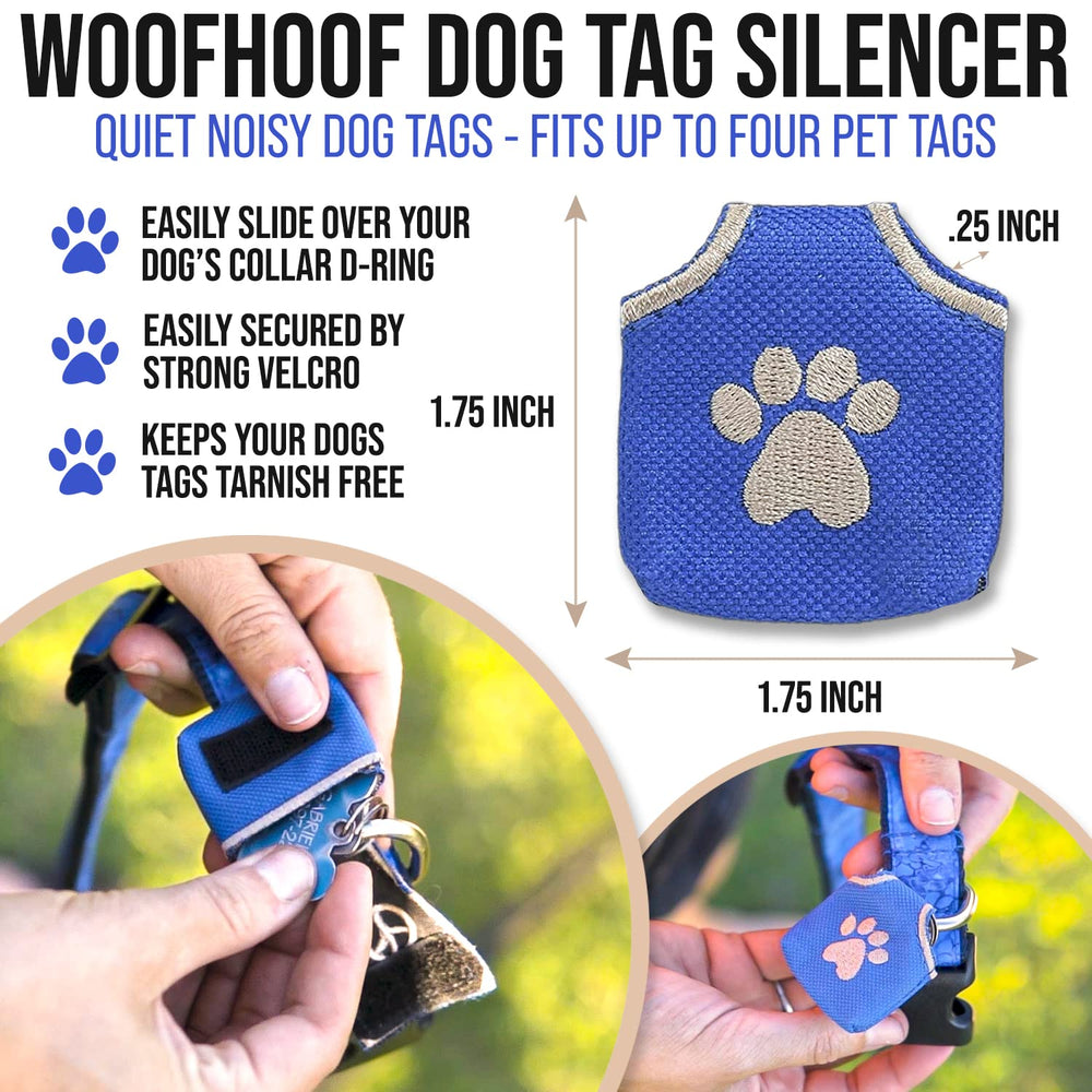 Woofhoof Dog Tag Silencer velcro-attachment demonstrates quick secure collar compatibility