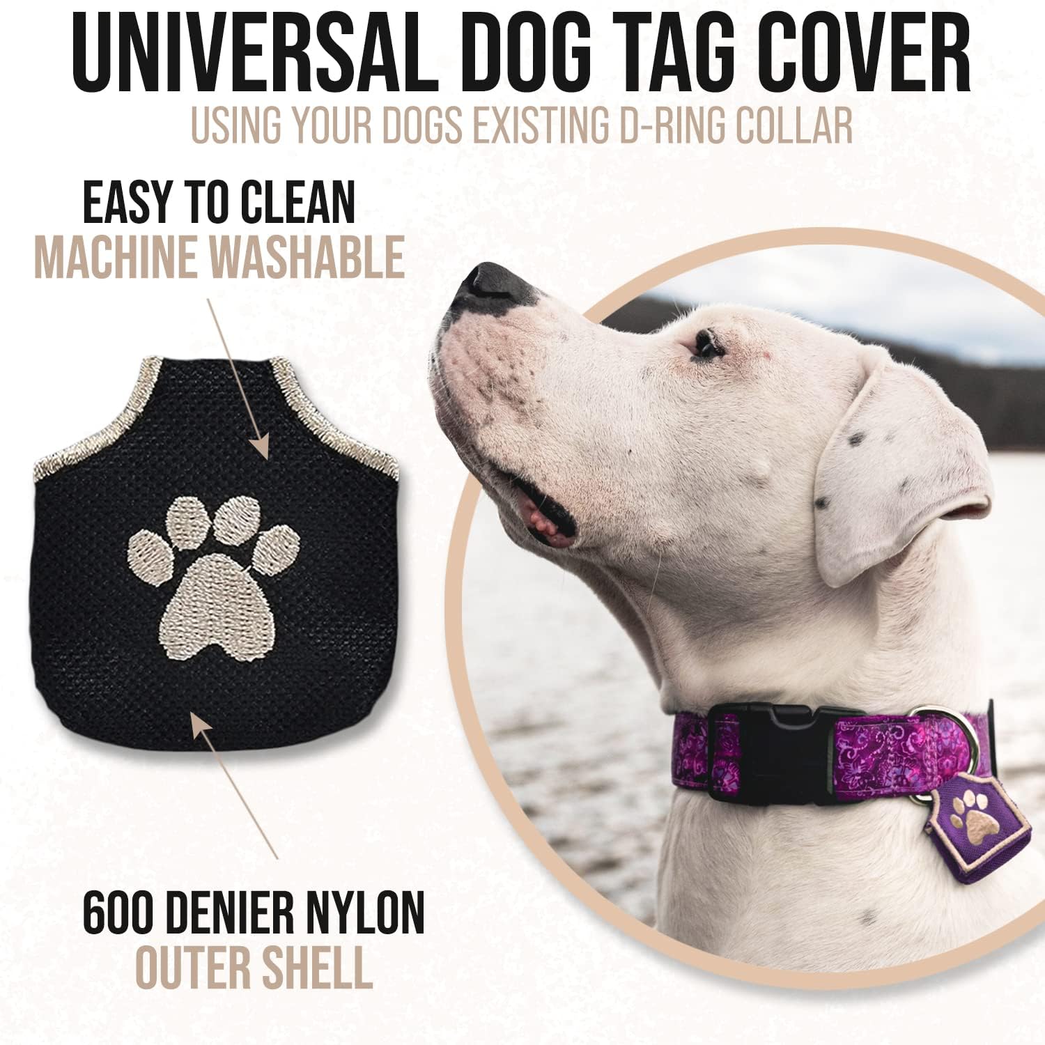 Woofhoof dog tag silencer demonstrates durable Velcro closure for secure adjustable fit.
