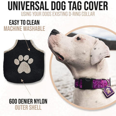 Woofhoof dog tag silencer demonstrates durable Velcro closure for secure adjustable fit.