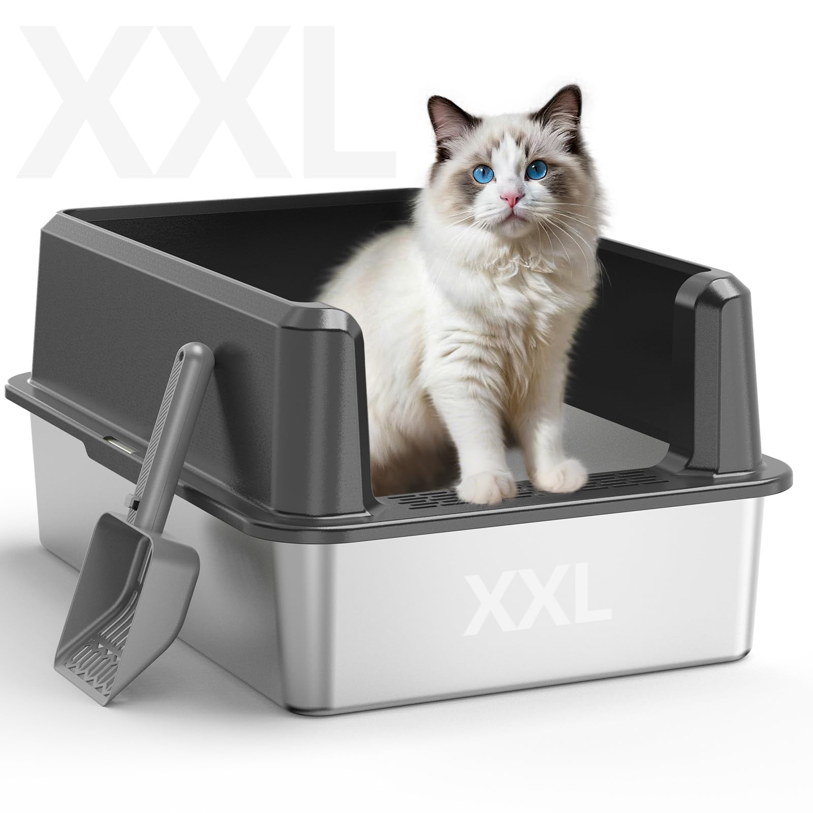 WoofiGo enclosed stainless steel litter box top view for spacious multi-cat use and easy cleaning.