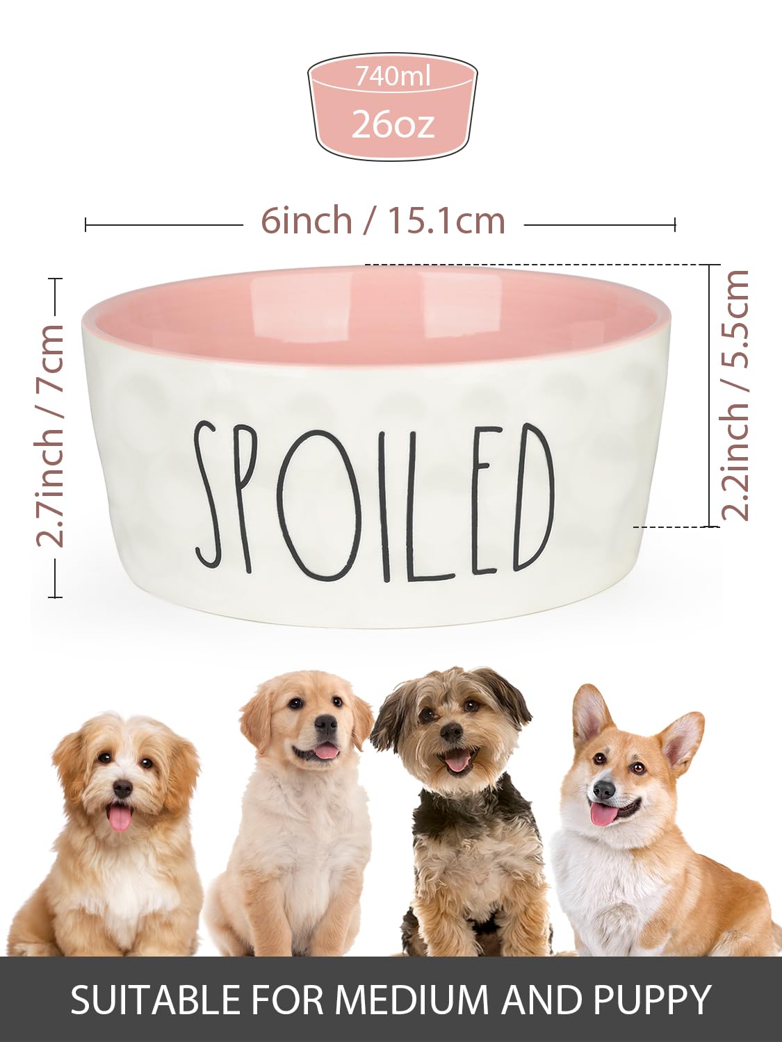 WoofinPets ceramic dog bowl pink close-up highlighting decorative pattern and easy-clean surface.