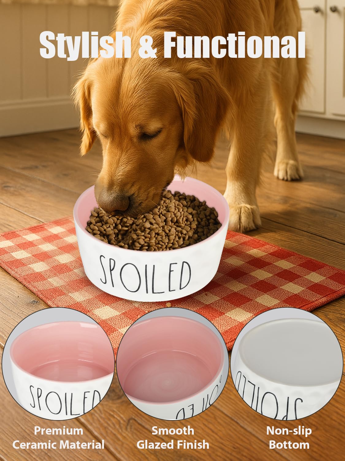 WoofinPets handwritten font decoration adds charm to feeding area.