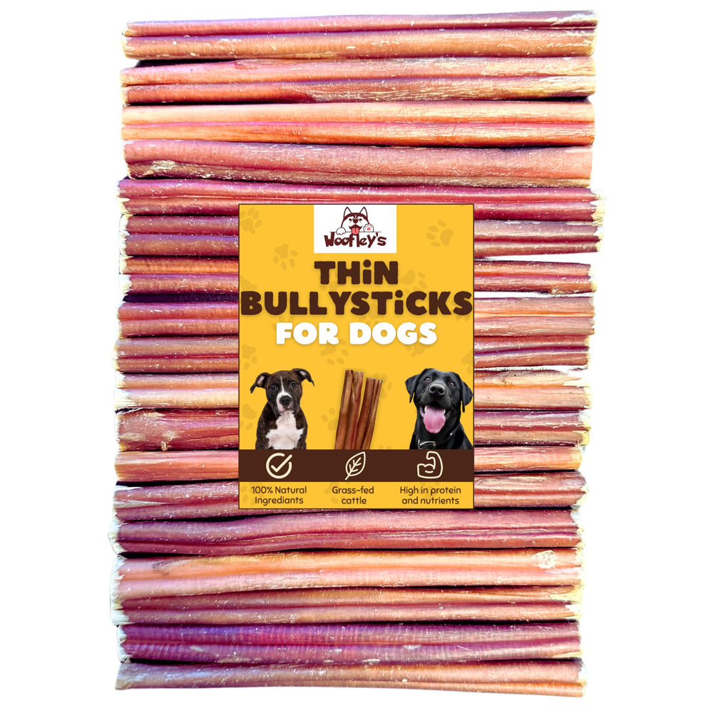 Woofley's 6-inch bully stick pack for small dogs showing 30-count value for long-lasting chewing.