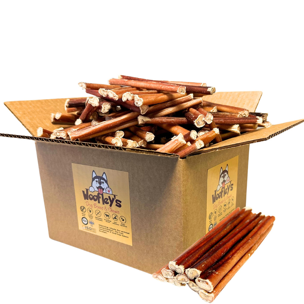 Woofley's 6-inch bully sticks packaging shows bulk supply for small dogs' chew time
