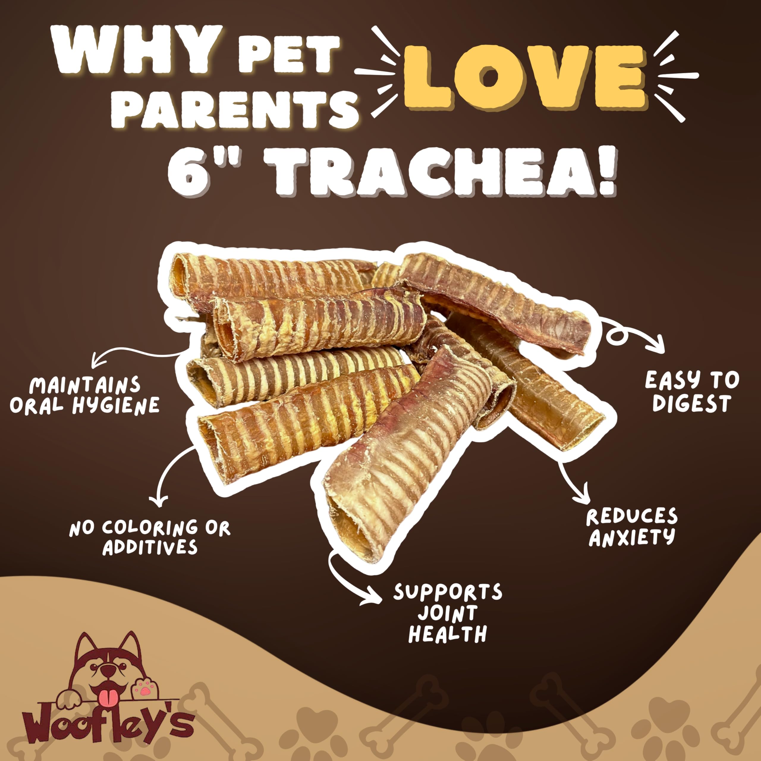 Woofley's Beef Trachea chew in action showing glucosamine and chondroitin potential support.