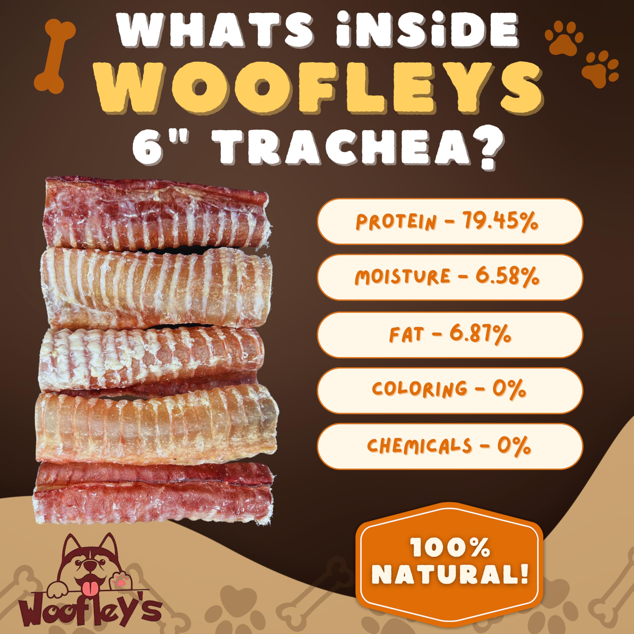 Woofley's Beef Trachea packaging image emphasizes no chemicals and additives.
