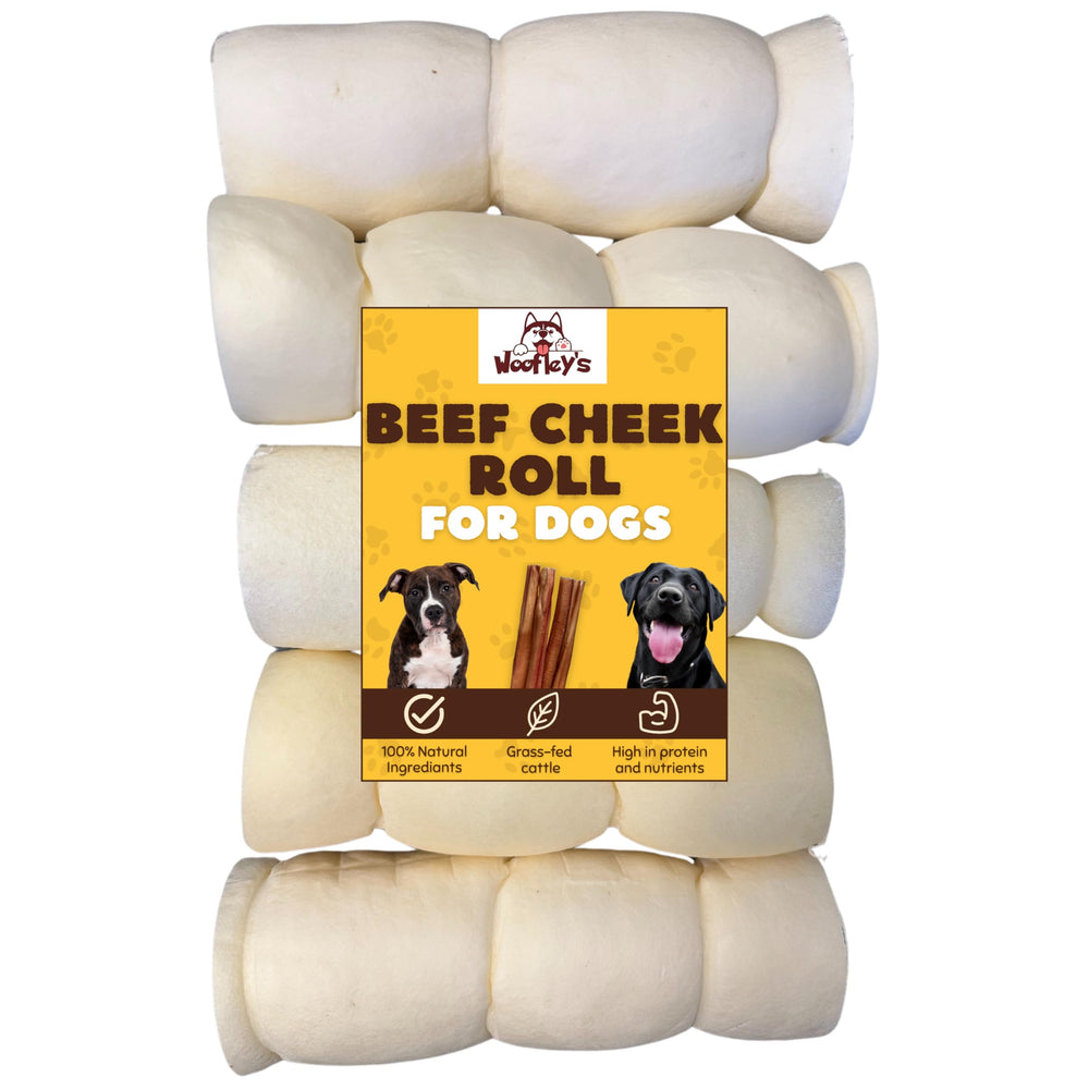 Woofley's buffalo beef cheek roll packaging—natural, long-lasting dog chew.