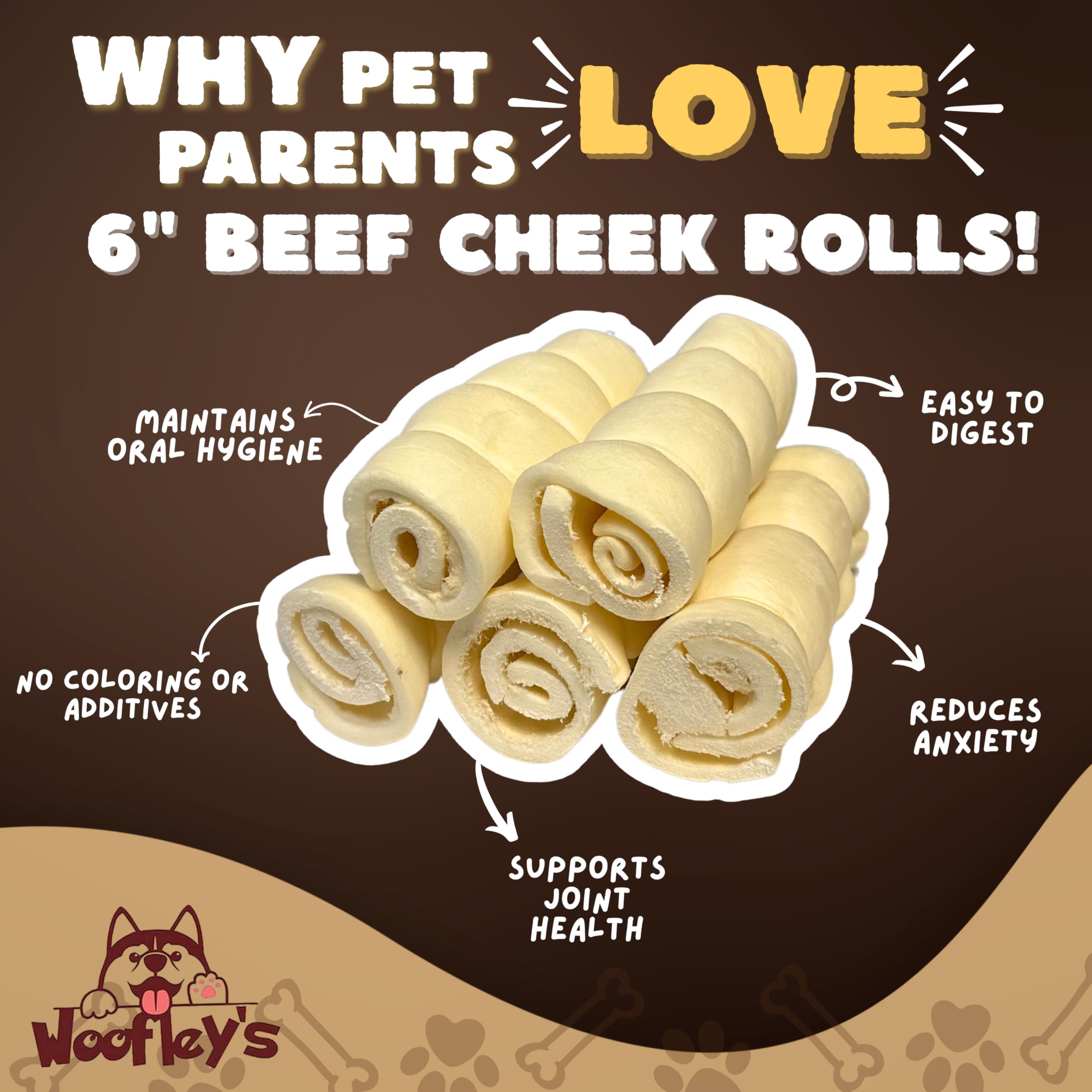 Woofley's buffalo beef cheek roll texture close-up highlights dense chew surface.
