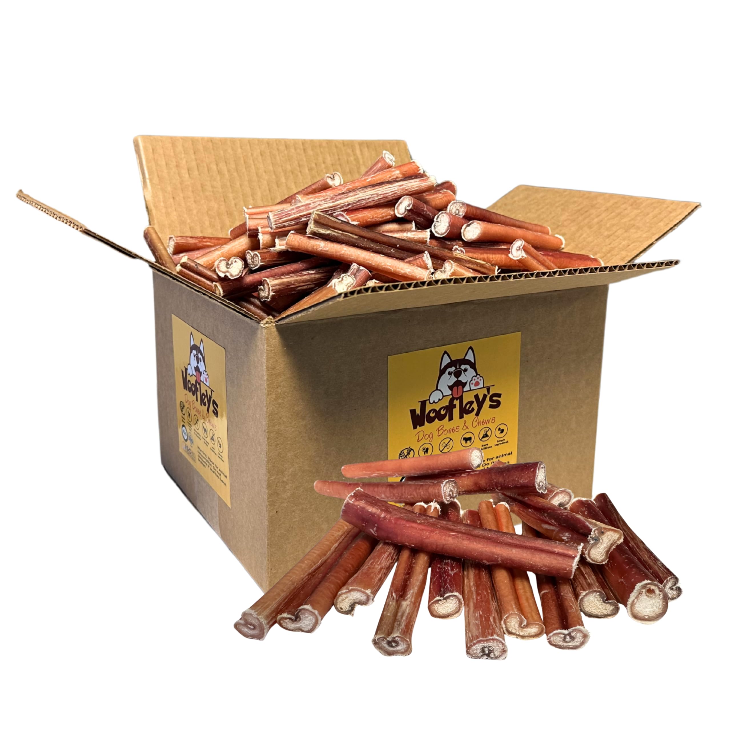 Woofley's bulk bully sticks pack shows a 50-count tray ready for dogs