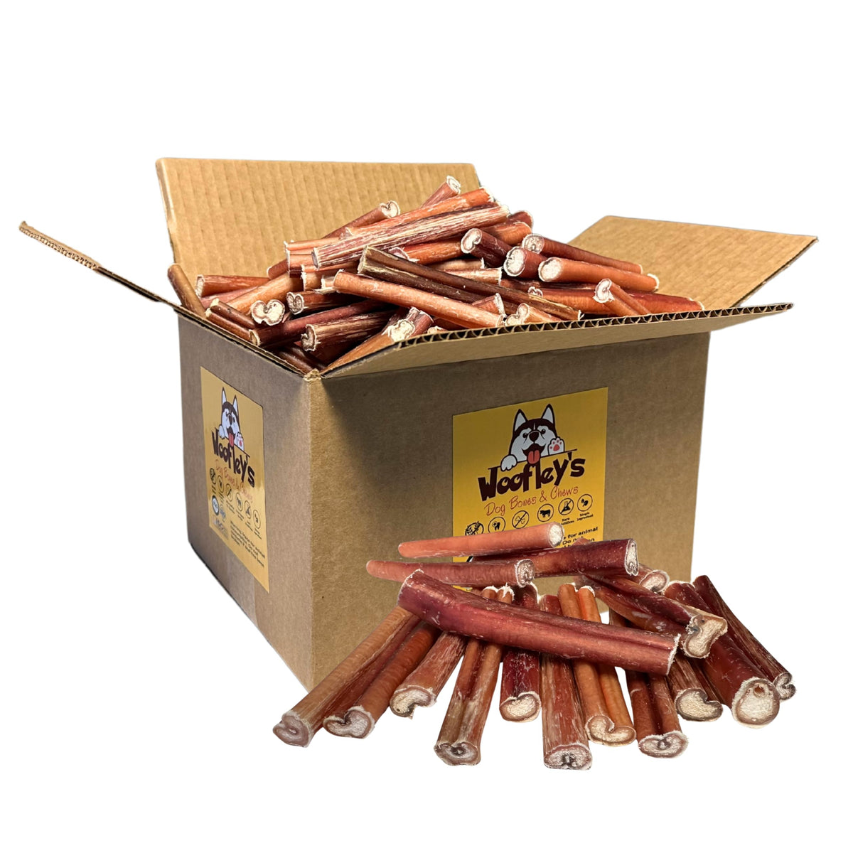 Woofley's bulk bully sticks pack shows a 50-count tray ready for dogs