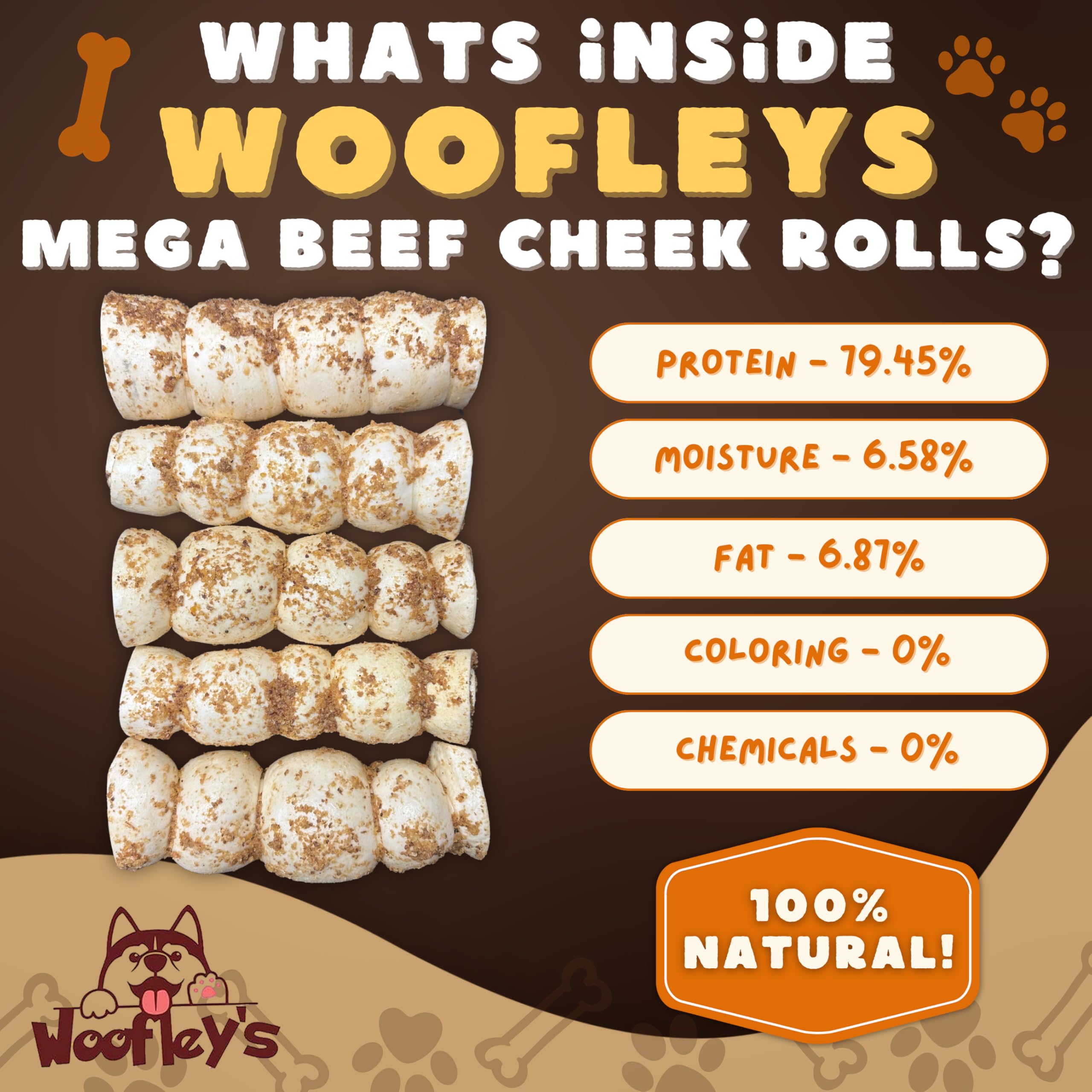 Woofley's 5-count beef cheek roll package emphasizes value and long chew sessions.