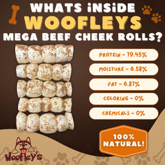 Woofley's 5-count beef cheek roll package emphasizes value and long chew sessions.