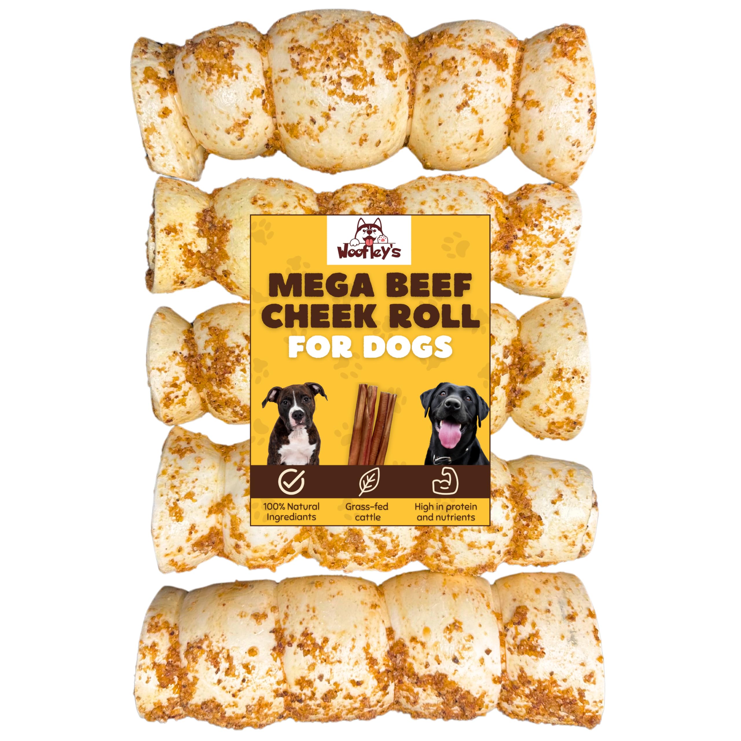 Woofley's Bully Dusted Beef Cheek Roll pack offers long-lasting chew time for busy dogs.