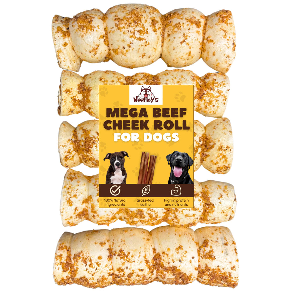 Woofley's Bully Dusted Beef Cheek Roll pack offers long-lasting chew time for busy dogs.