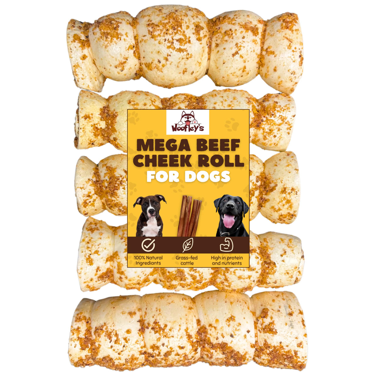 Woofley's Bully Dusted Beef Cheek Roll pack offers long-lasting chew time for busy dogs.