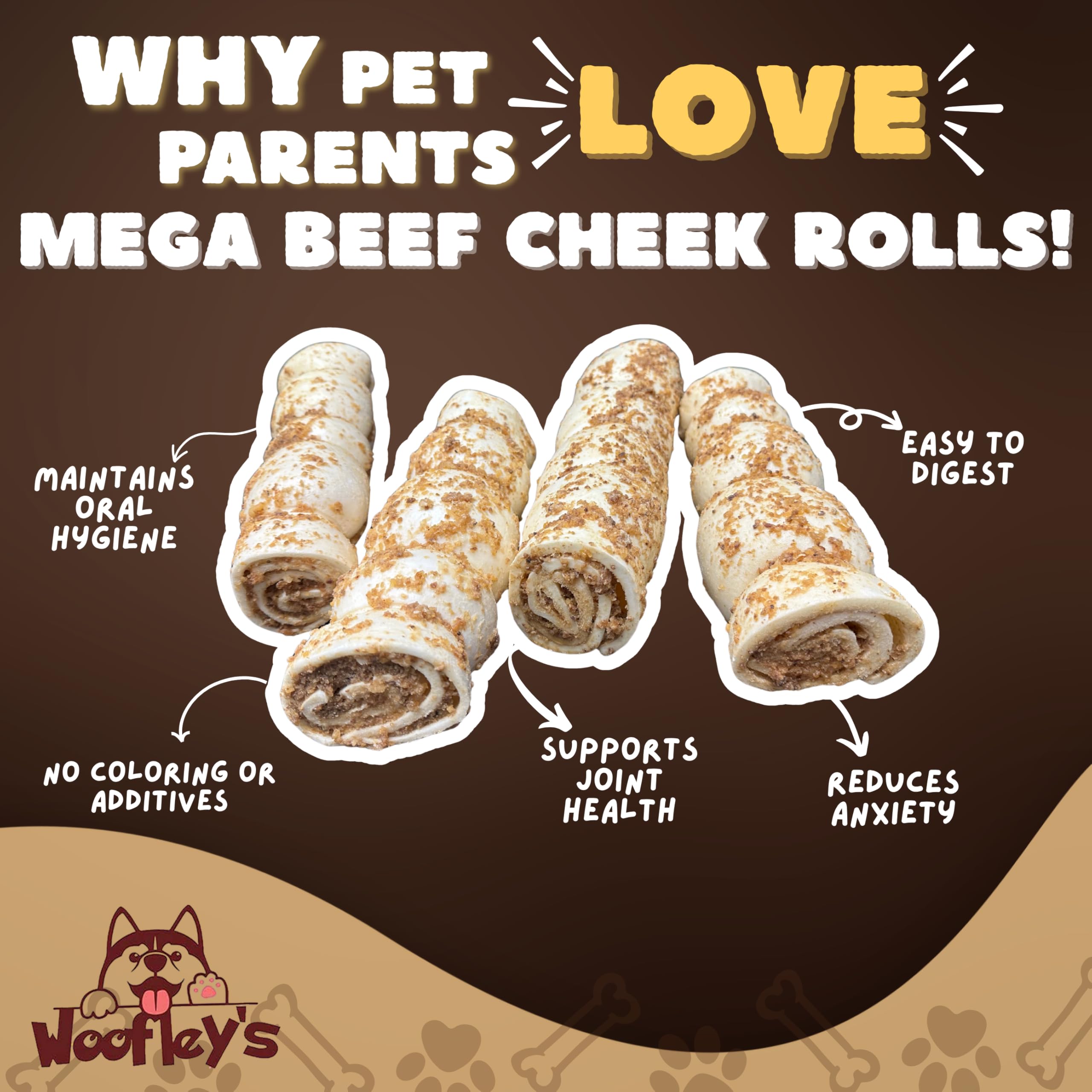 Woofley's beef-cheek-roll close-up texture highlights chew-friendly surface for power chewers.