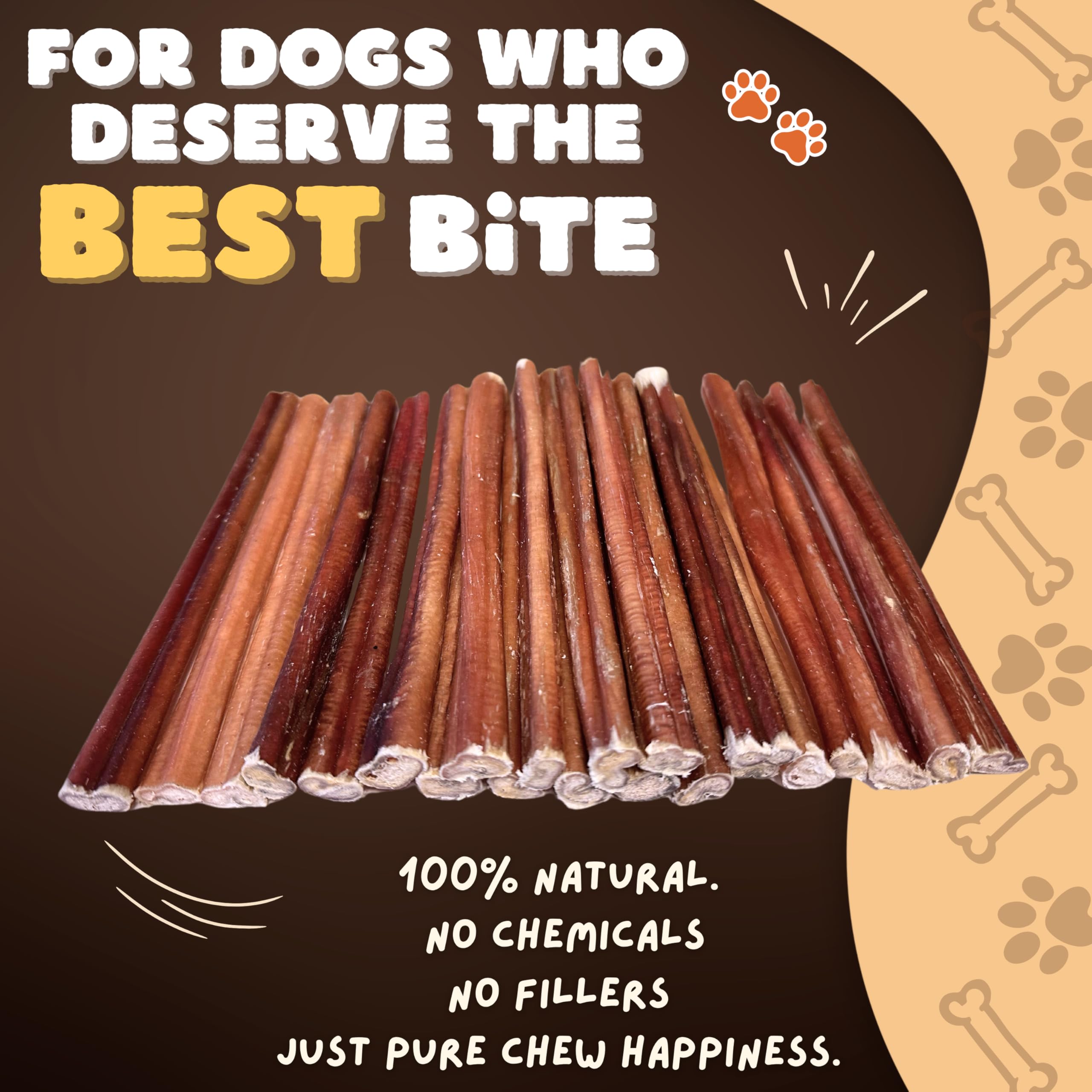Woofley's bully stick close-up highlights natural beef chew for small dogs.