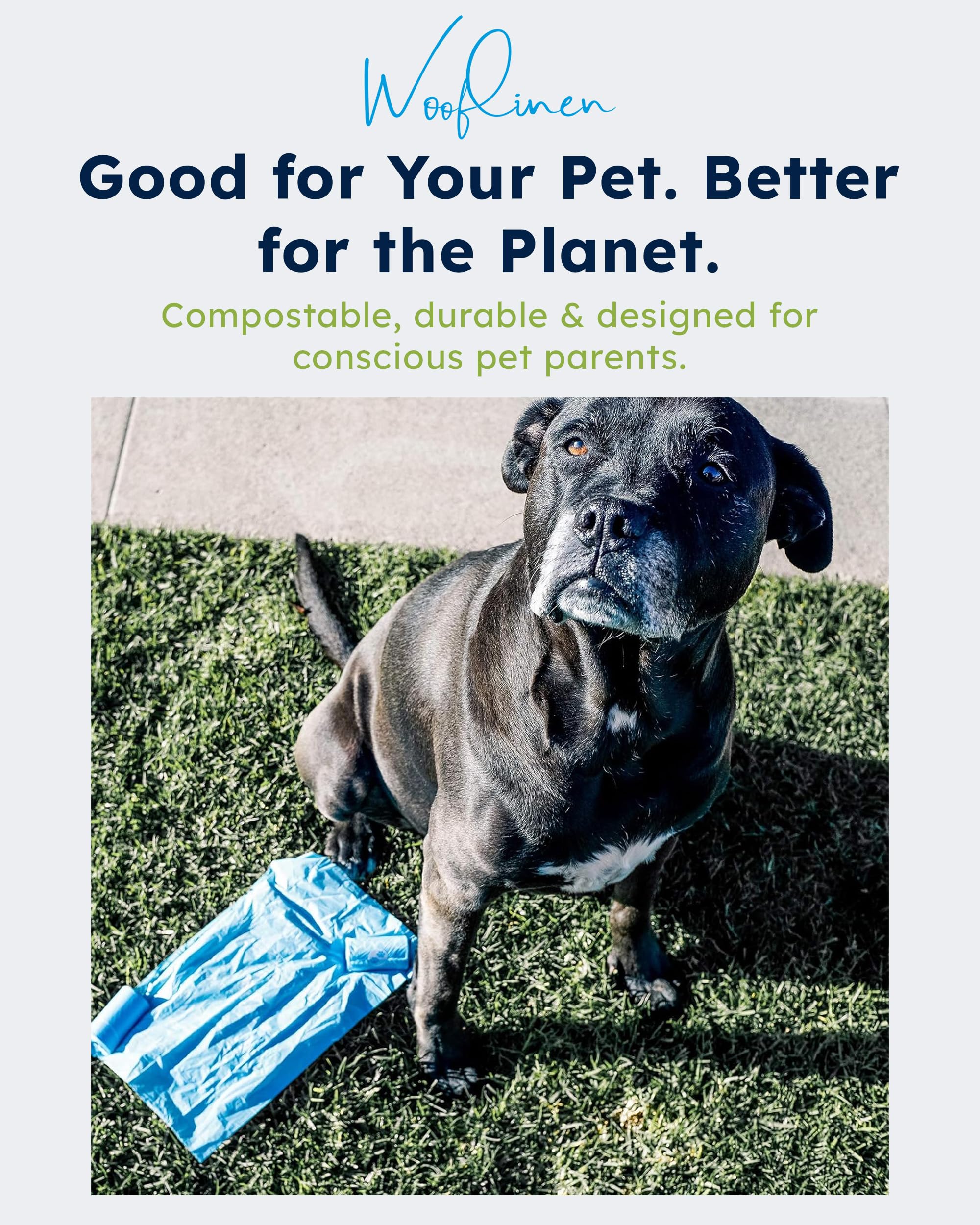 Wooflinen dog poop bags tear perforated roll for quick, easy cleanup on walks.