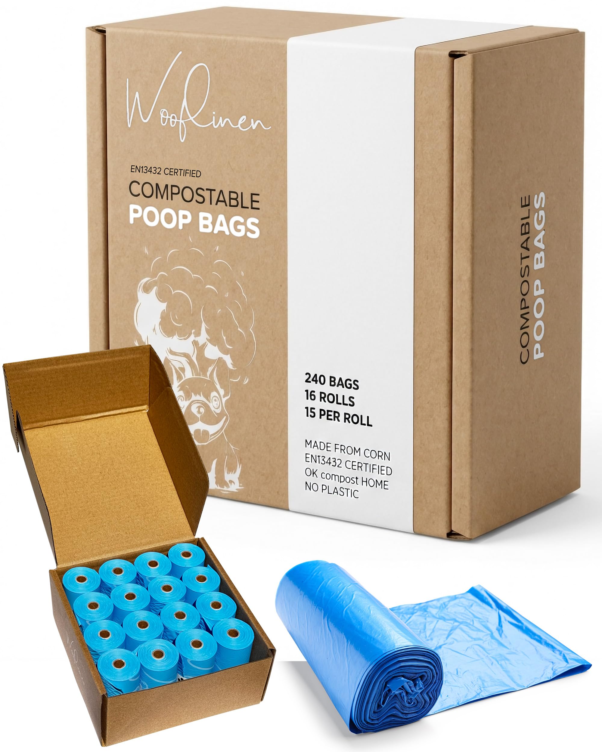 Wooflinen unscented poop bag rolls shown in packaging for tidy storage and quick cleanup