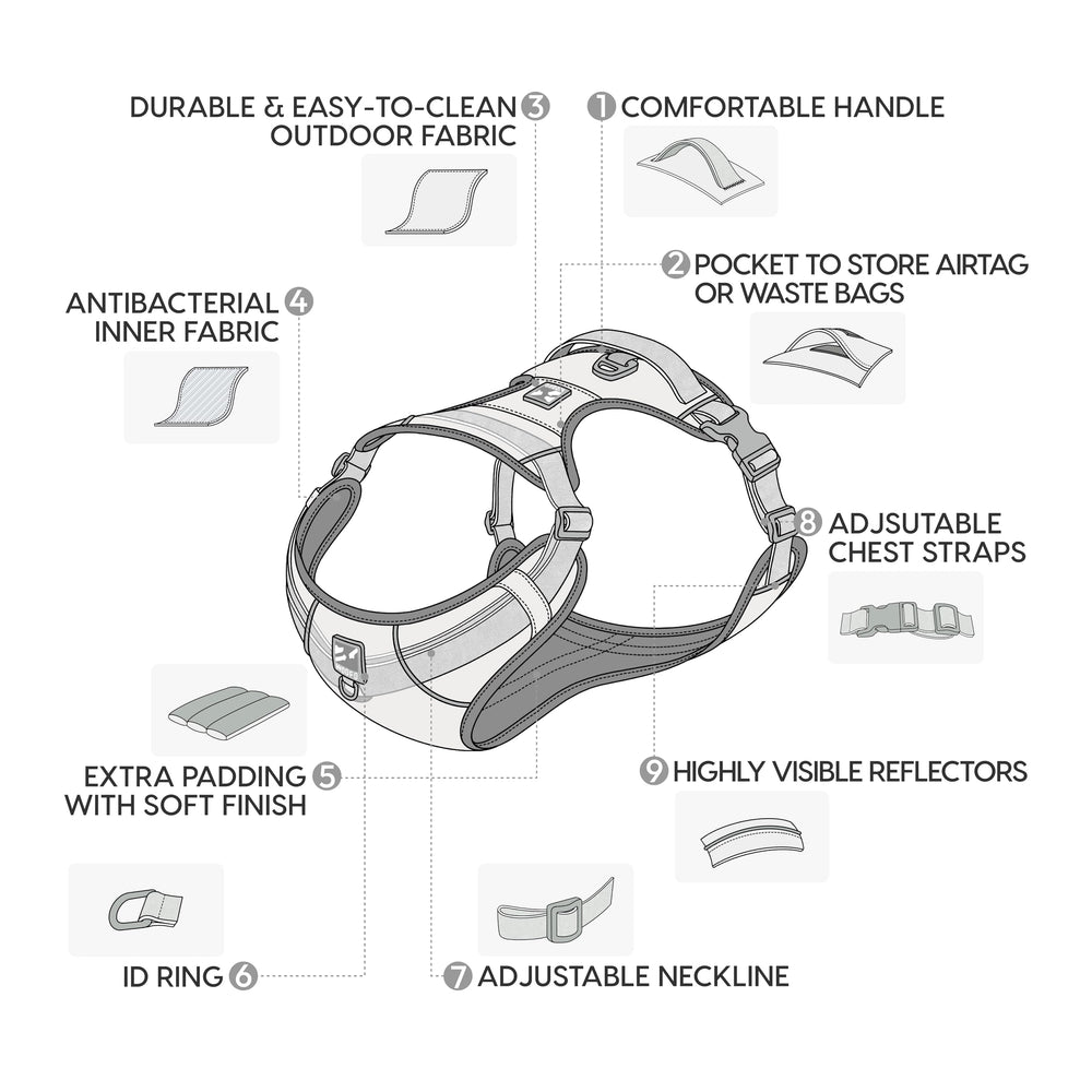 WOOFO harness shows silver ion inner fabric for skin friendly daily wear.