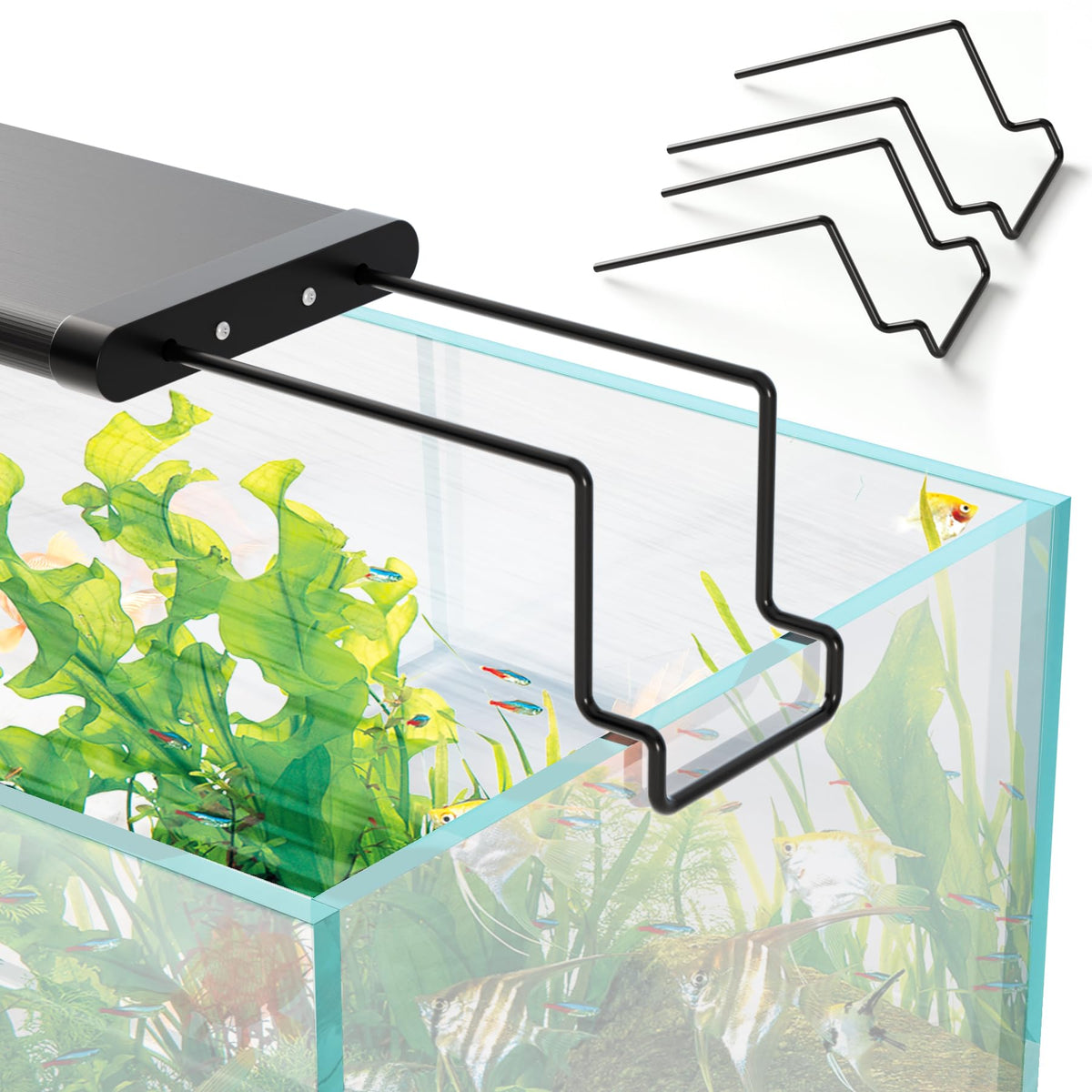 WooFog aquarium light riser side view in black showing stable support for rimmed tanks