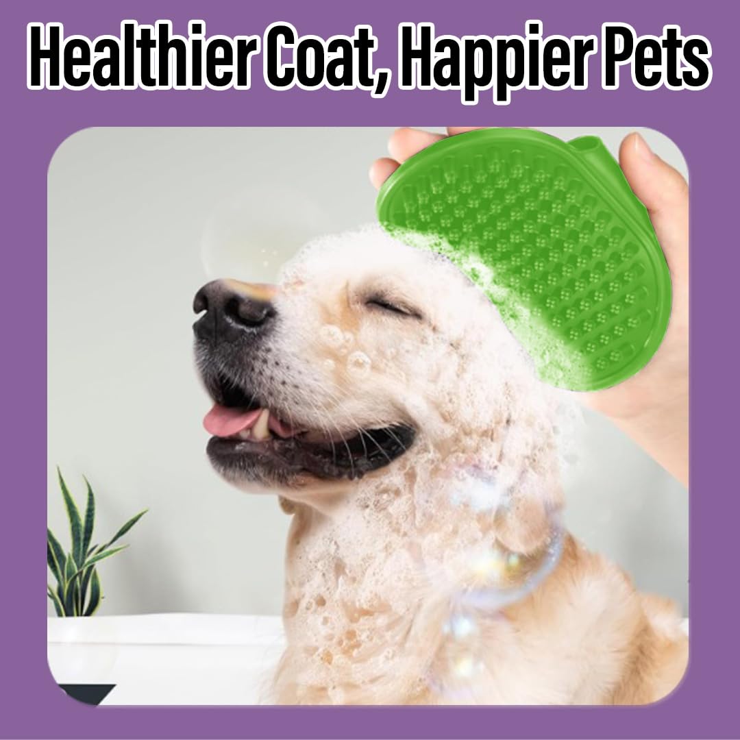 Woofs and Purs bath brush ergonomic design reduces hand fatigue during grooming.