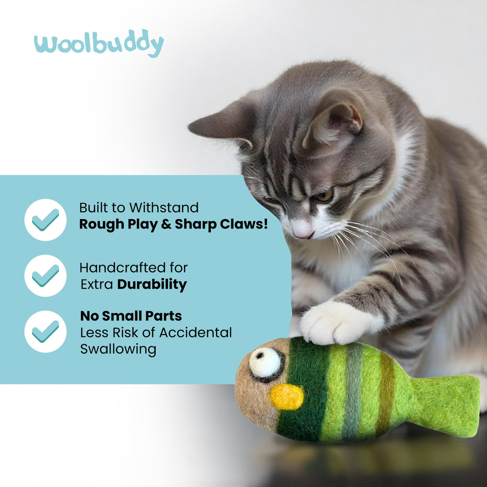 Woolbuddy durable-soft-wool fish toy offers gentle teething benefits.