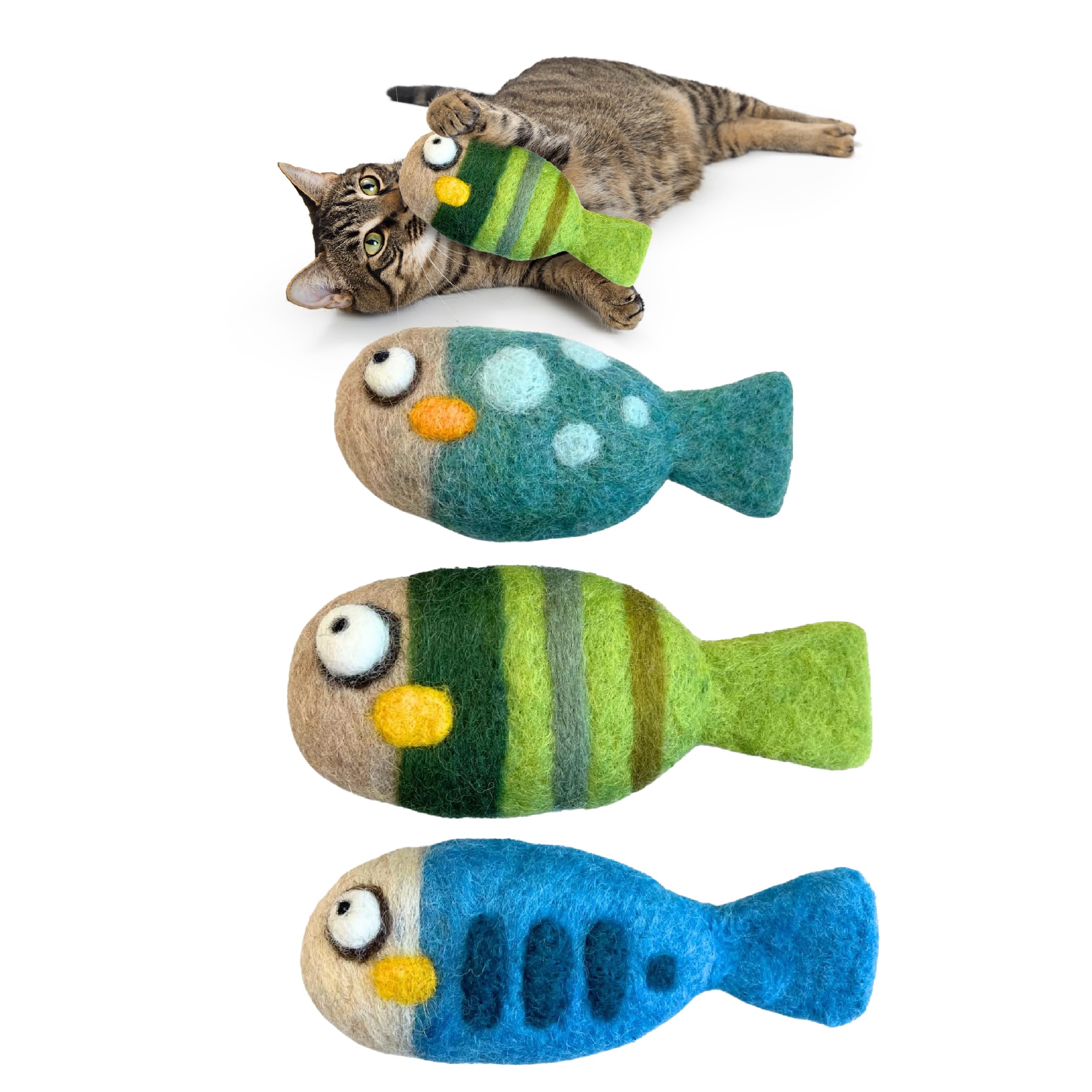 Woolbuddy 3-fish-kick-toys for durable indoor batting and chasing play.