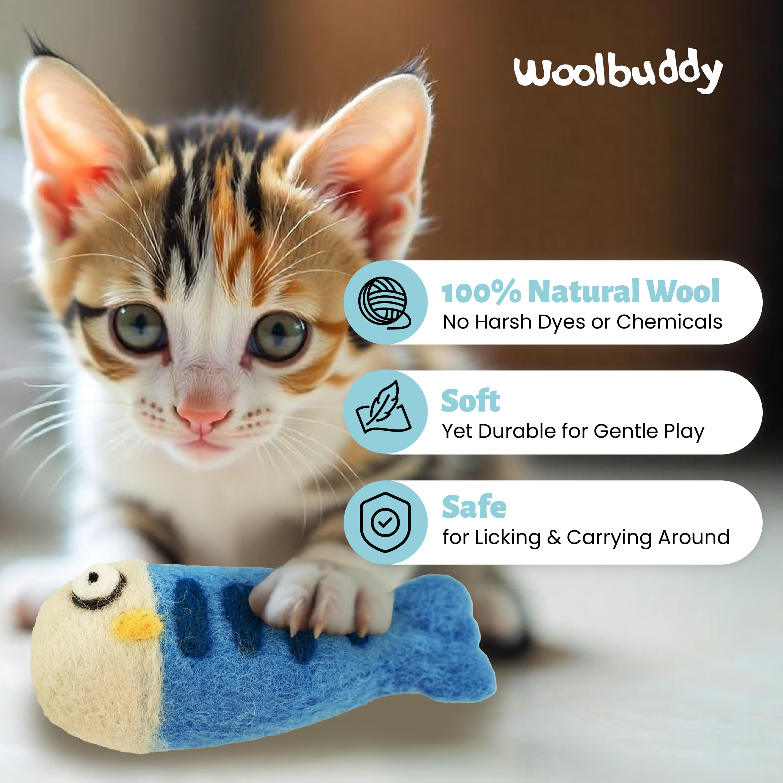 Woolbuddy indoor-play 3-pack fish toys stimulate hunting instincts.