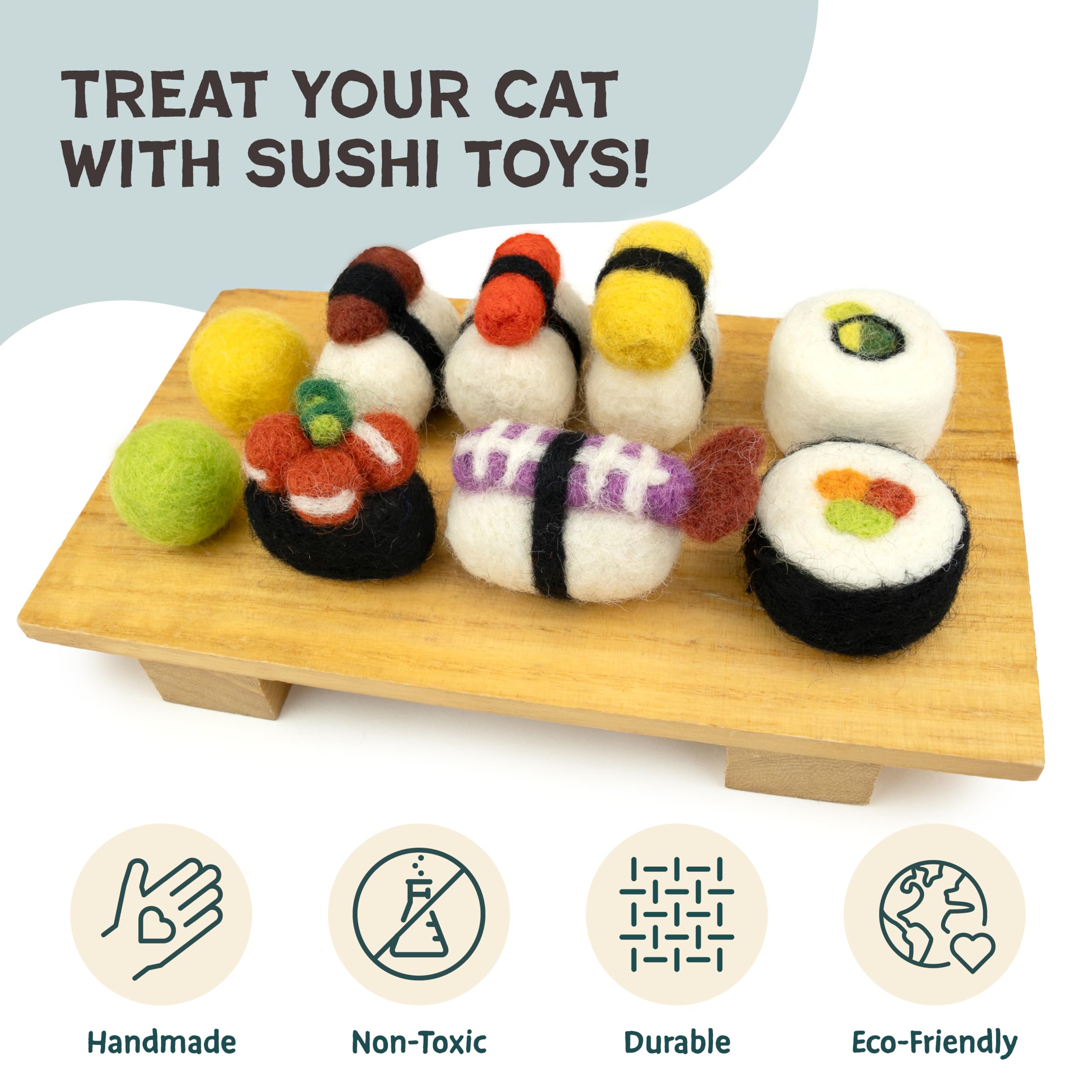 Woolbuddy Sushi Cat Toy Set kitten play with small sushi pieces for pouncing.