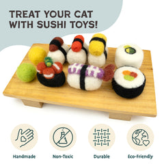 Woolbuddy Sushi Cat Toy Set kitten play with small sushi pieces for pouncing.