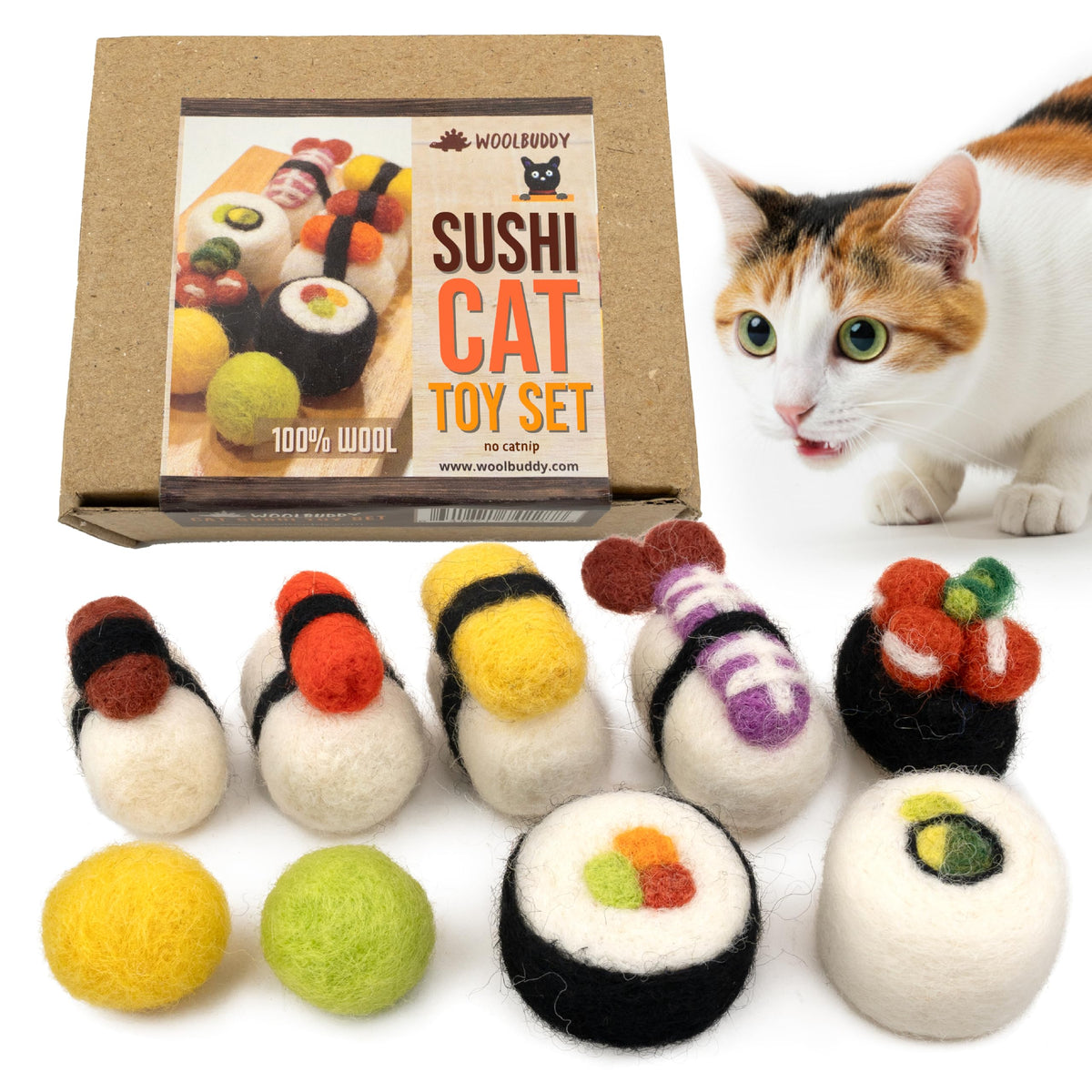 Woolbuddy Sushi Cat Toy Set packaging, a gift-worthy enrichment for cats.