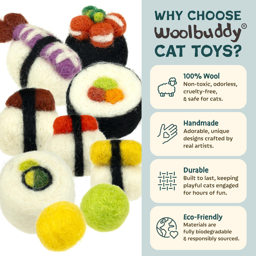 Woolbuddy Sushi Cat Toy Set textured wool for gentle chewing and play.