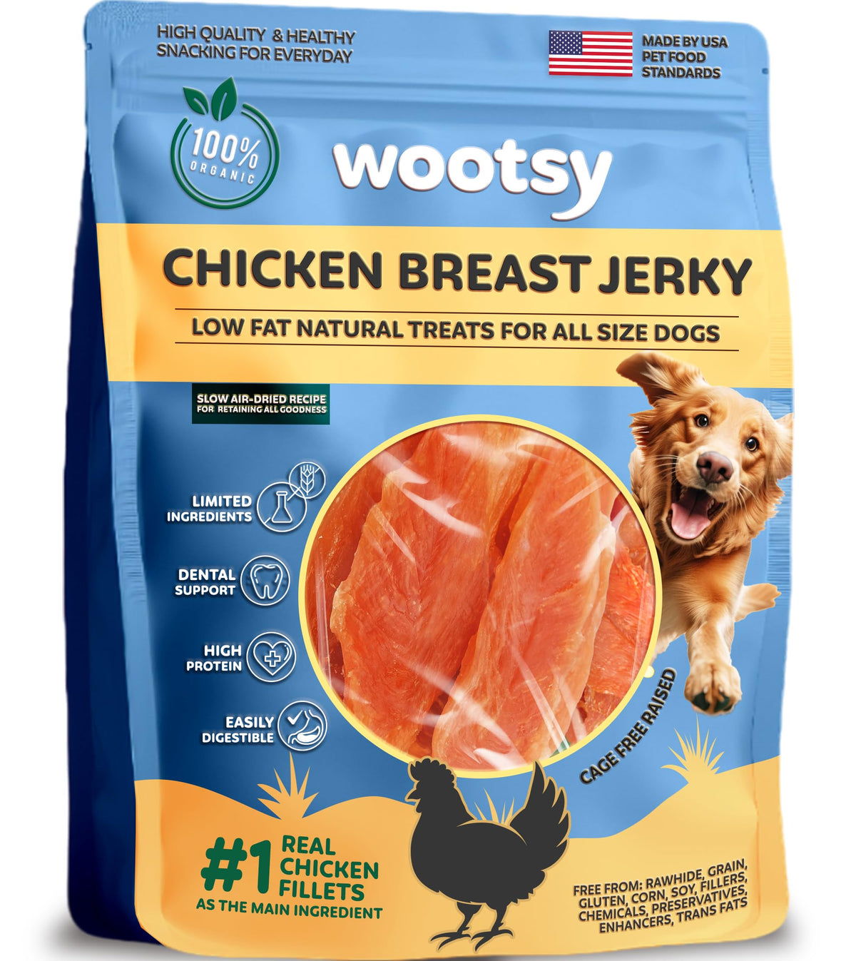 Wootsy Chicken Jerky Dog Treats packaging highlights grain-free real-chicken formula for sensitive stomachs.