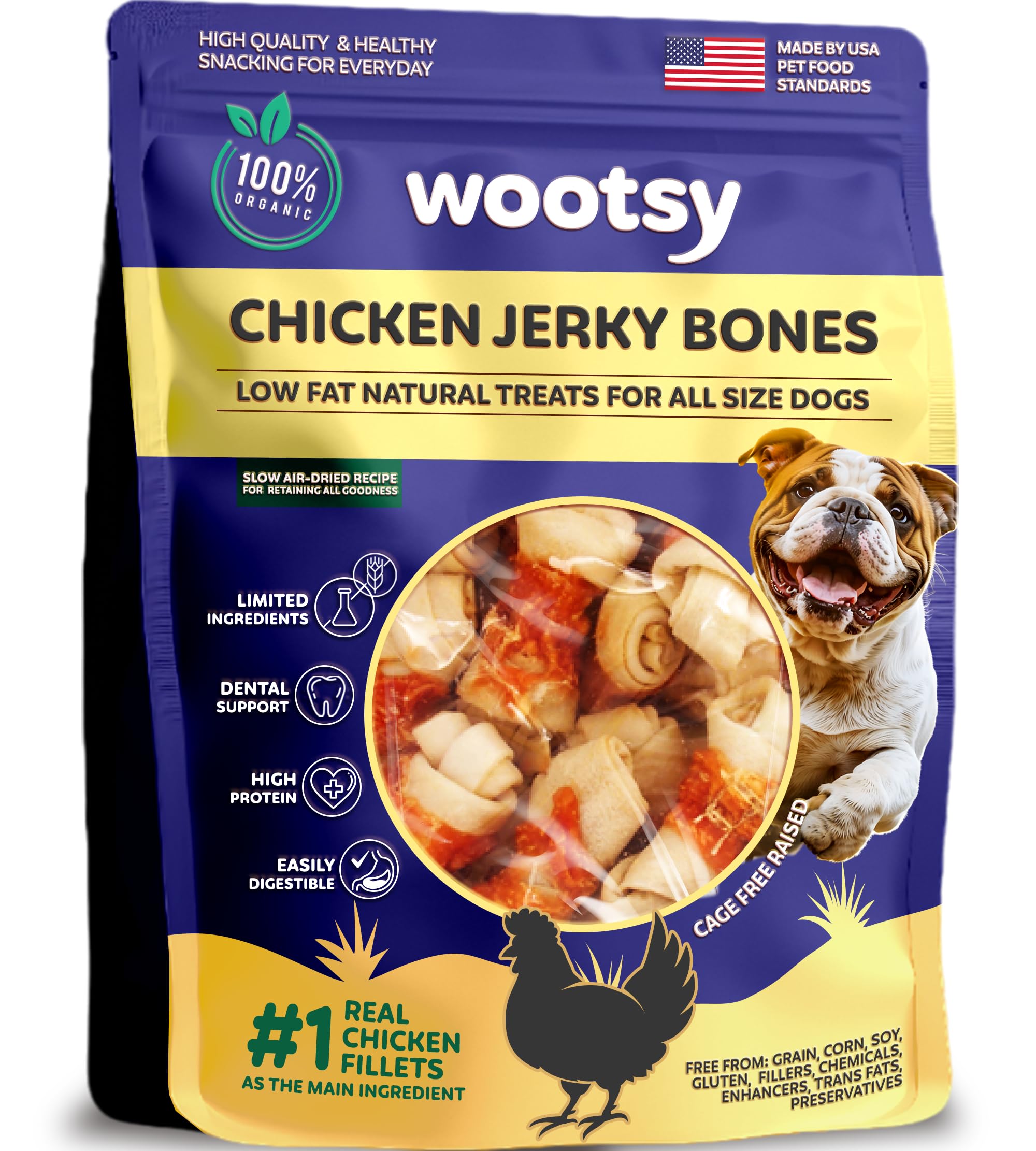 Wootsy Chicken Wrapped Knotted Rawhide Bones pack shot highlighting a durable dental chew.