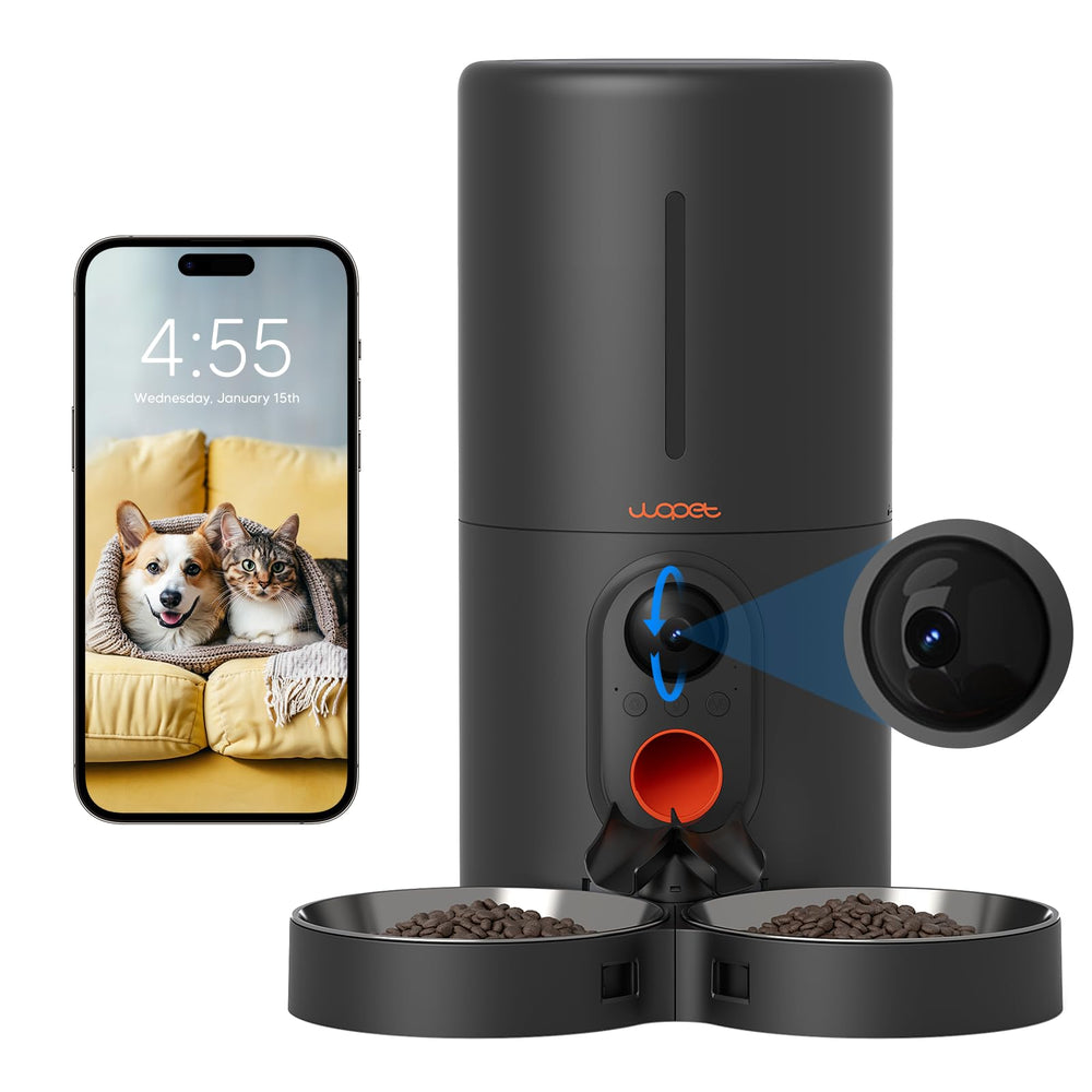 WOPET automatic cat feeder with camera front view for remote monitoring.