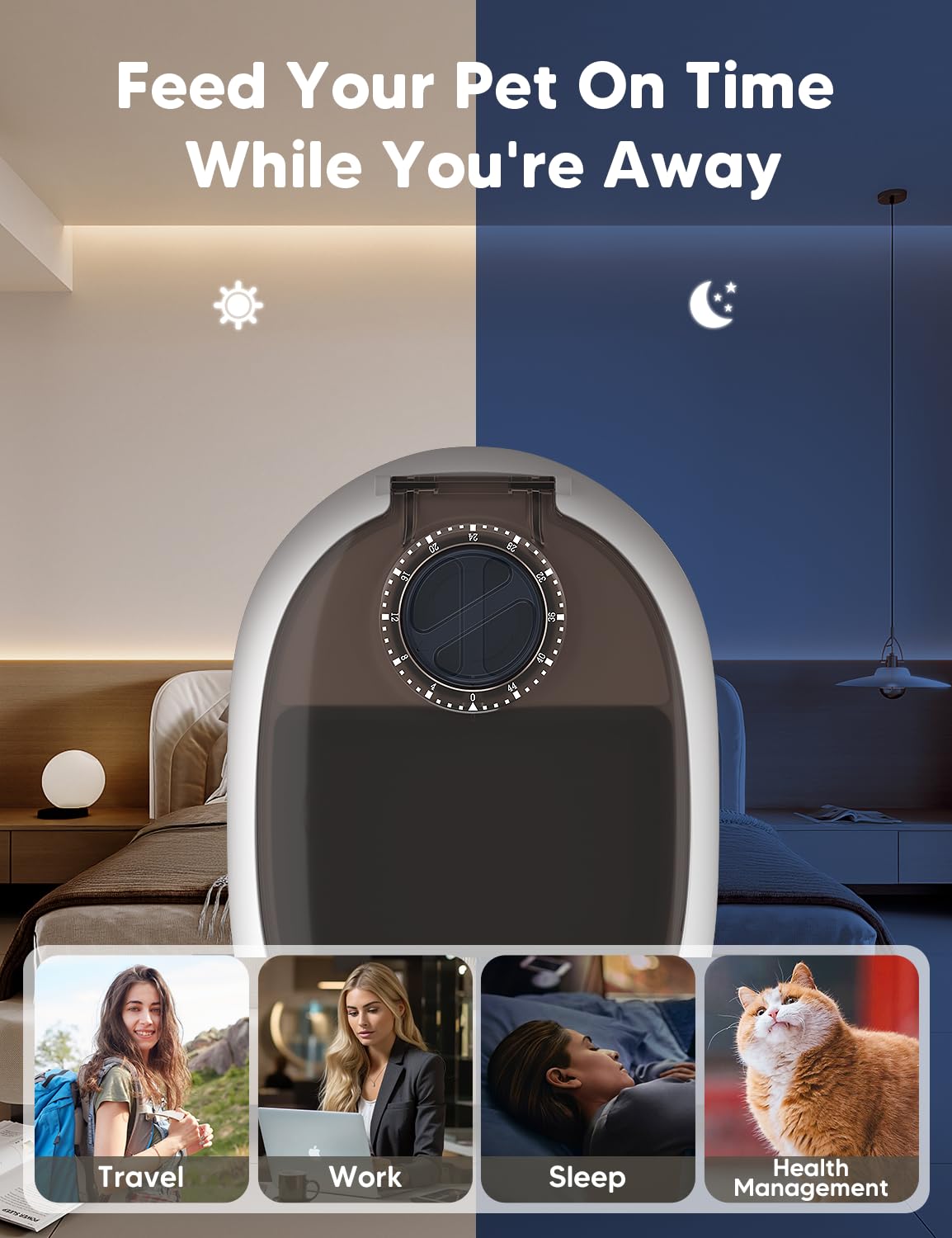 WOPET automatic feeder top view with timer control for remote feeding.