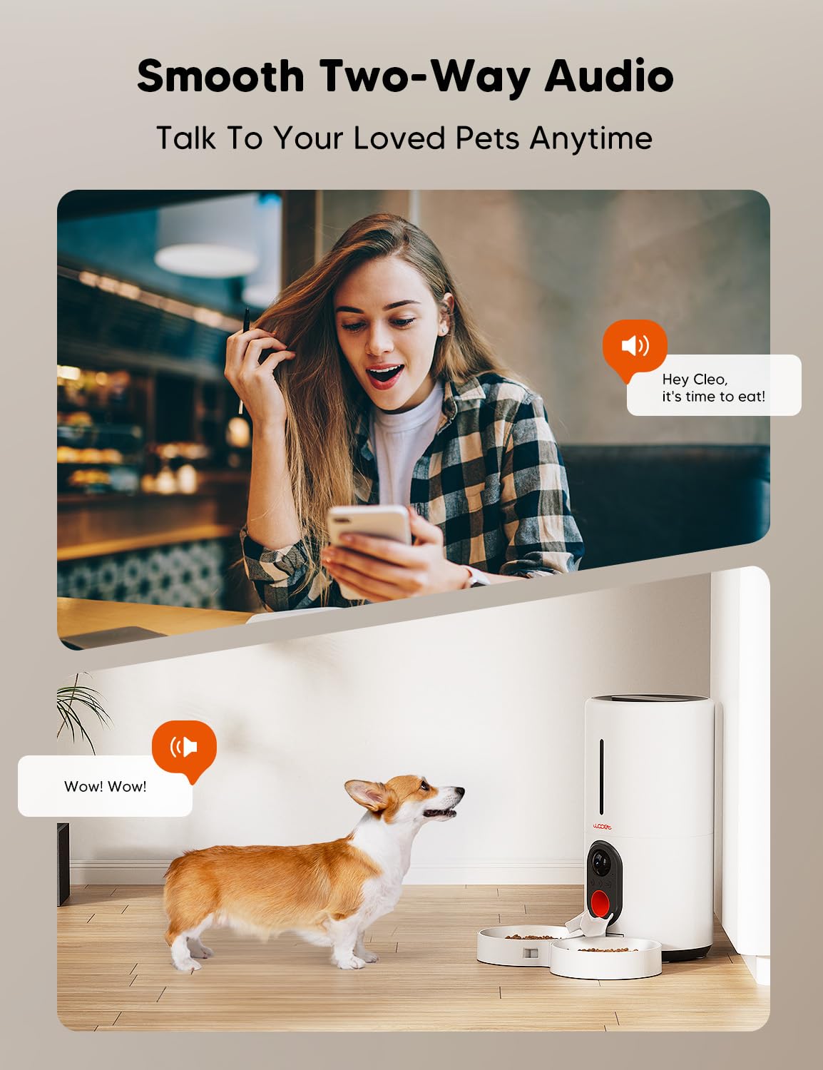 WOPET feeder demonstrates two-way audio to talk to pets during meals.