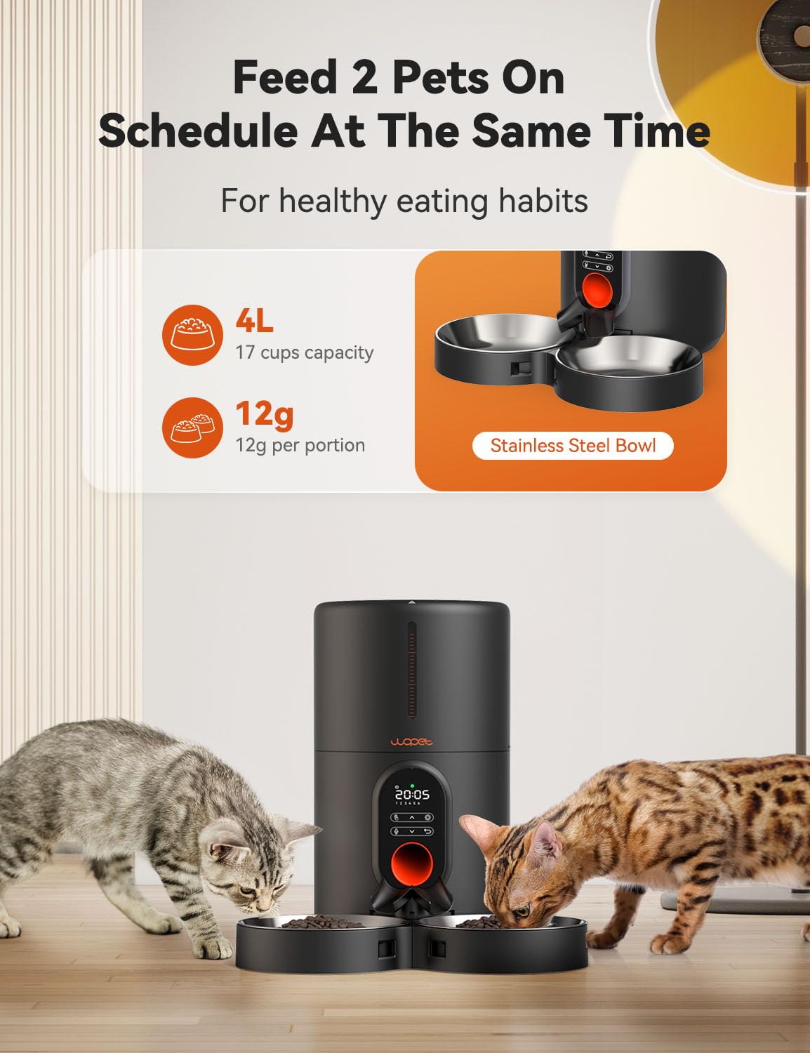 WOPET dual bowls setup enables scheduled meals for two pets