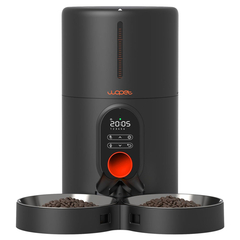 WOPET two-cats feeder front view shows dual bowls for synchronized meals